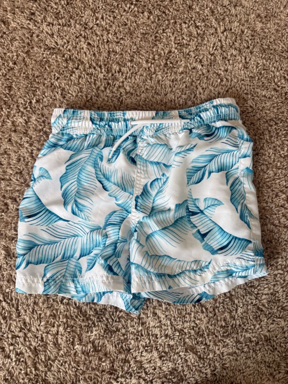 Janie and Jack White Swim Trunks with Teal Leaf Print
